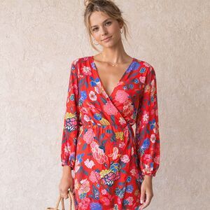 J.Crew Wrap Floral Dress Mini Red Women 6 Long Sleeve Boho Romantic